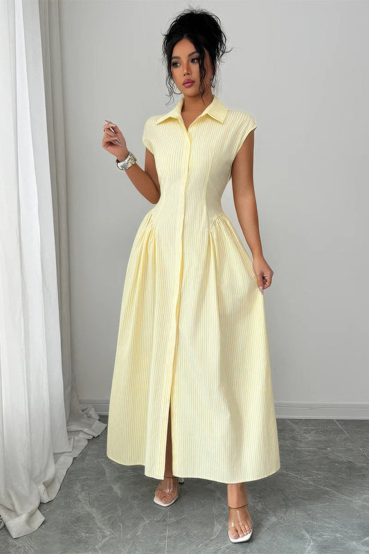 Front Slit Collar Cap Sleeve Ruched Waist Long Dress Shop One Place