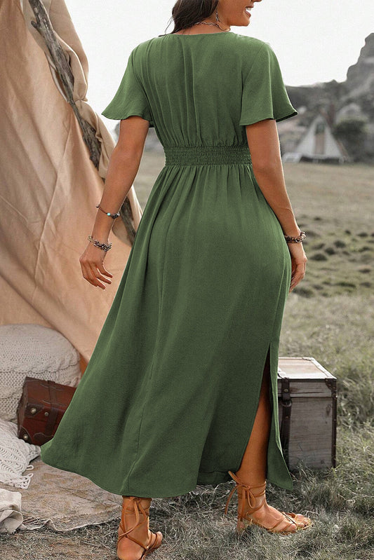 Green Surplice Neckline Smocked High Waist Plus Size Maxi Dress Shop One Place