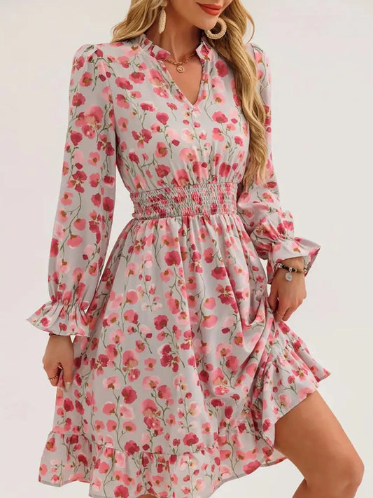 Floral Notched Flounce Sleeve Dress Shop One Place