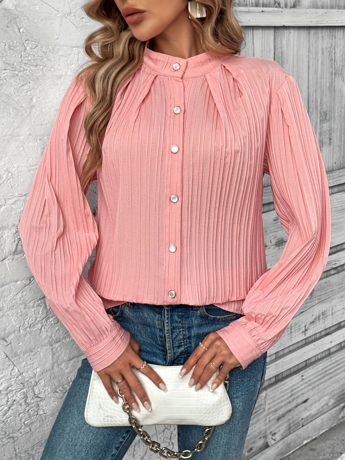 Button Down Mock Neck Long Sleeve Shirt Shop One Place