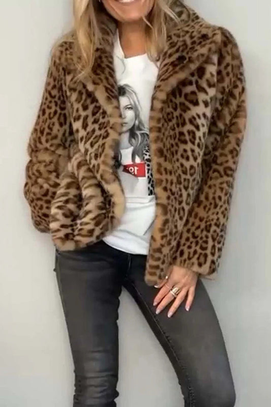 Full Size Leopard Furry Collared Neck Long Sleeve Coat Shop One Place