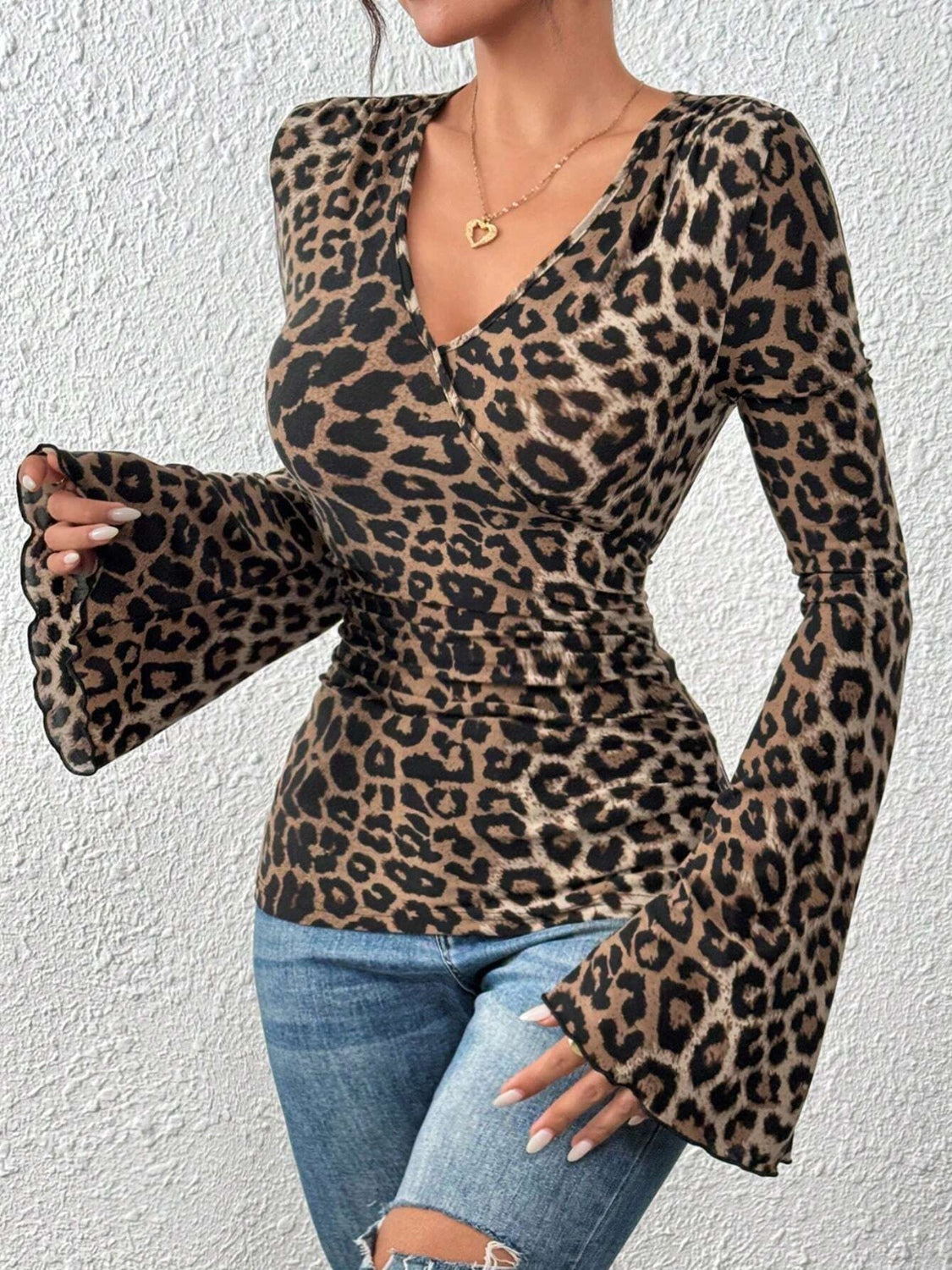 Leopard Surplice Flare Sleeve Top Shop One Place