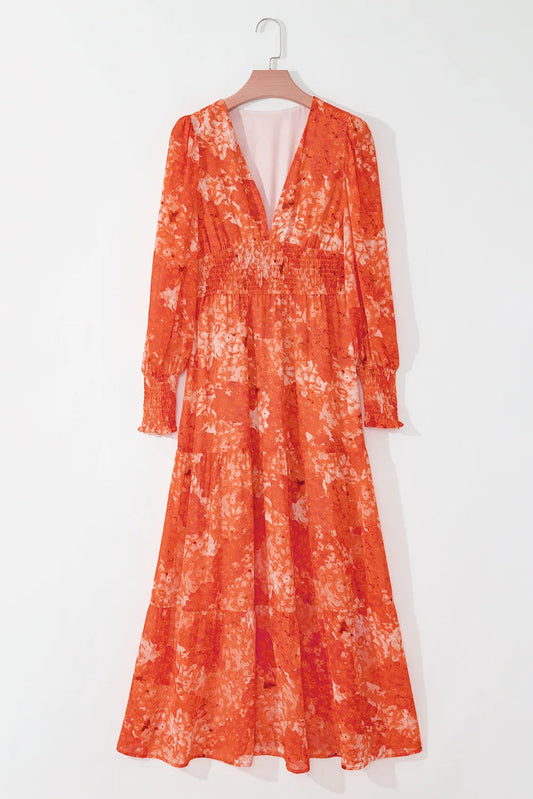 Smocked Printed V-Neck Long Sleeve Dress Shop One Place