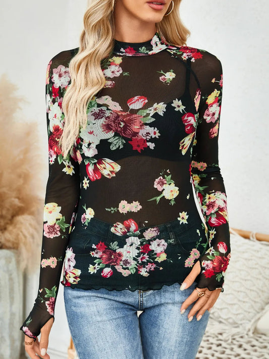 Floral Mock Neck Long Sleeve Top Shop One Place