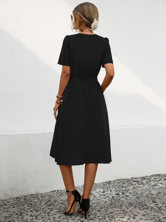 Tied Notched Short Sleeve Dress Shop One Place