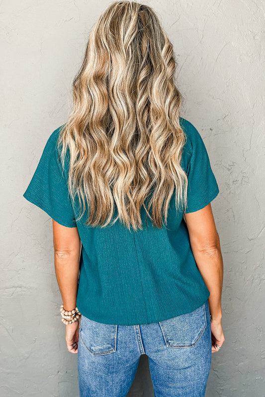 Blue Plain Crinkled V Neck Flounce Sleeve Blouse Shop One Place