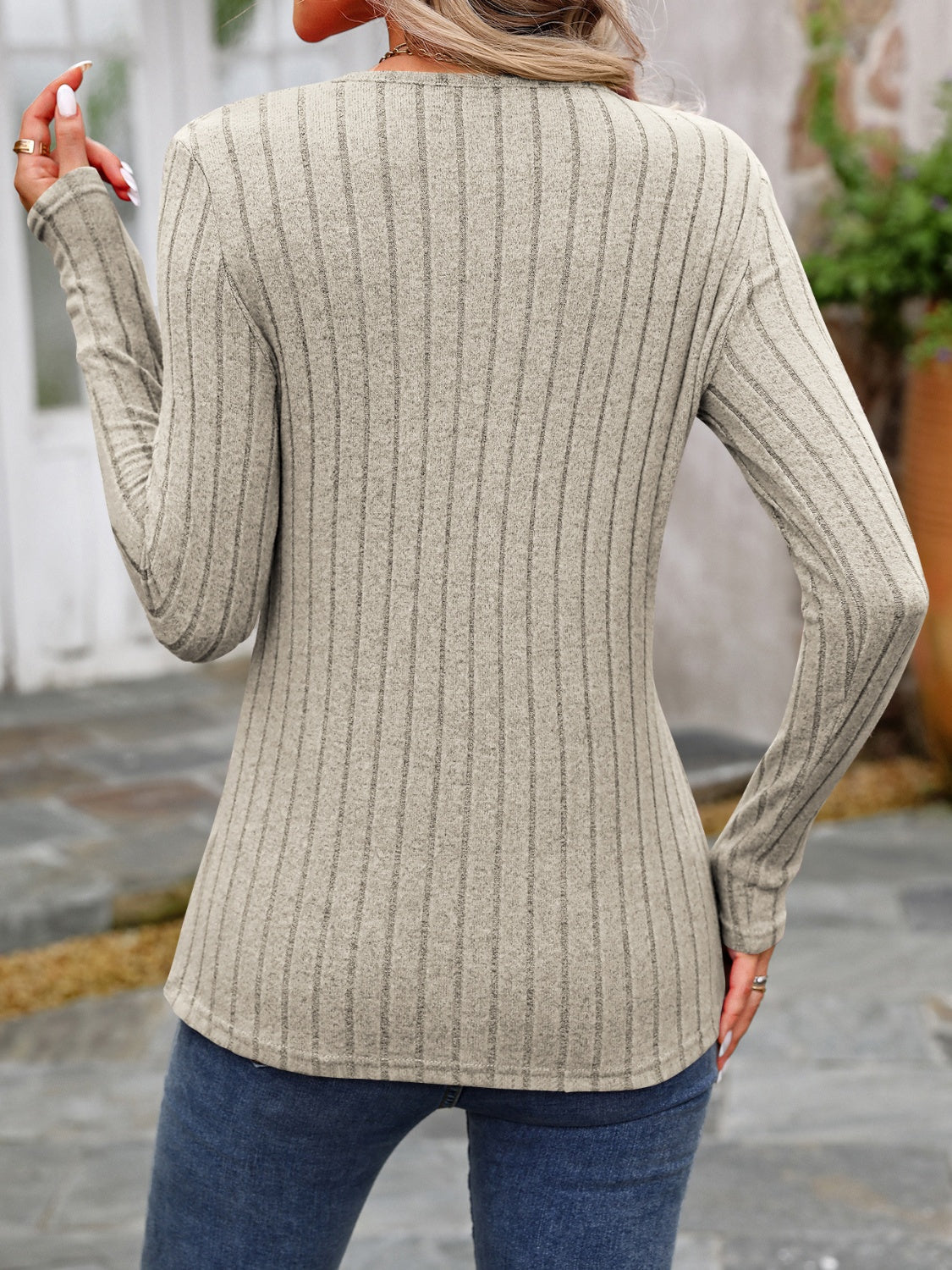 Decorative Button Round Neck Long Sleeve T-Shirt Shop One Place