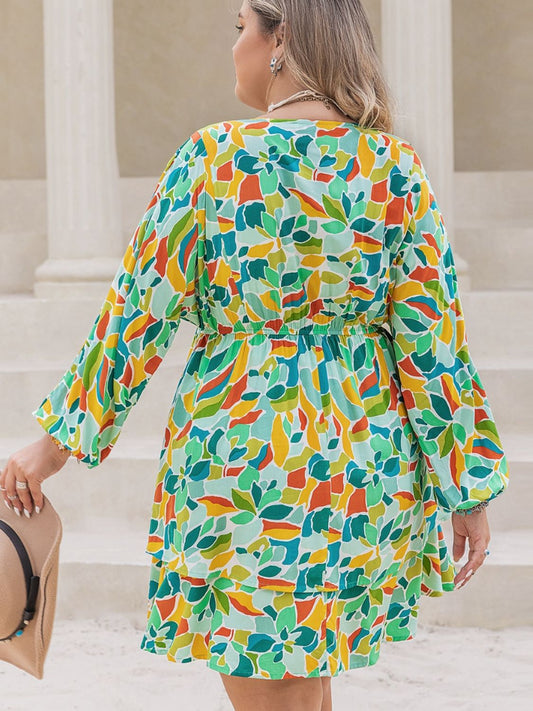 Plus Size Printed Surplice Long Sleeve Mini Dress Shop One Place