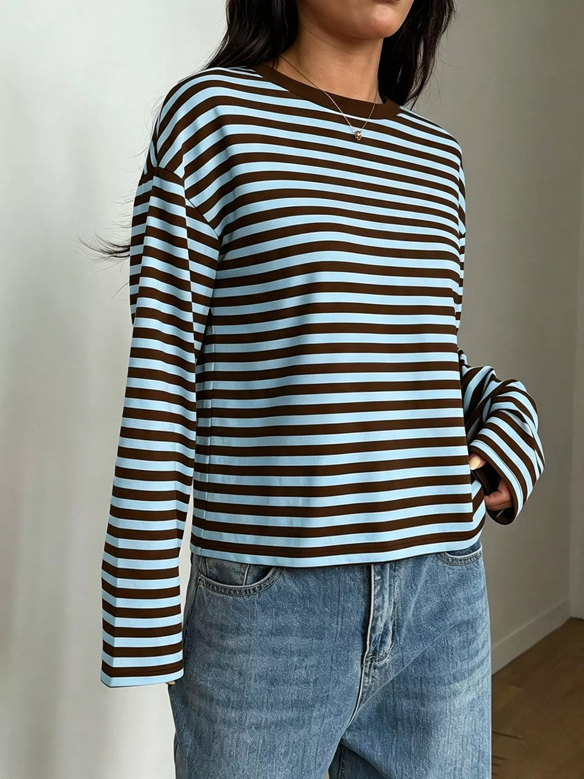 Full Size Casual Long-Sleeve Striped Crew Neck T-Shirt Plus Size Shop One Place