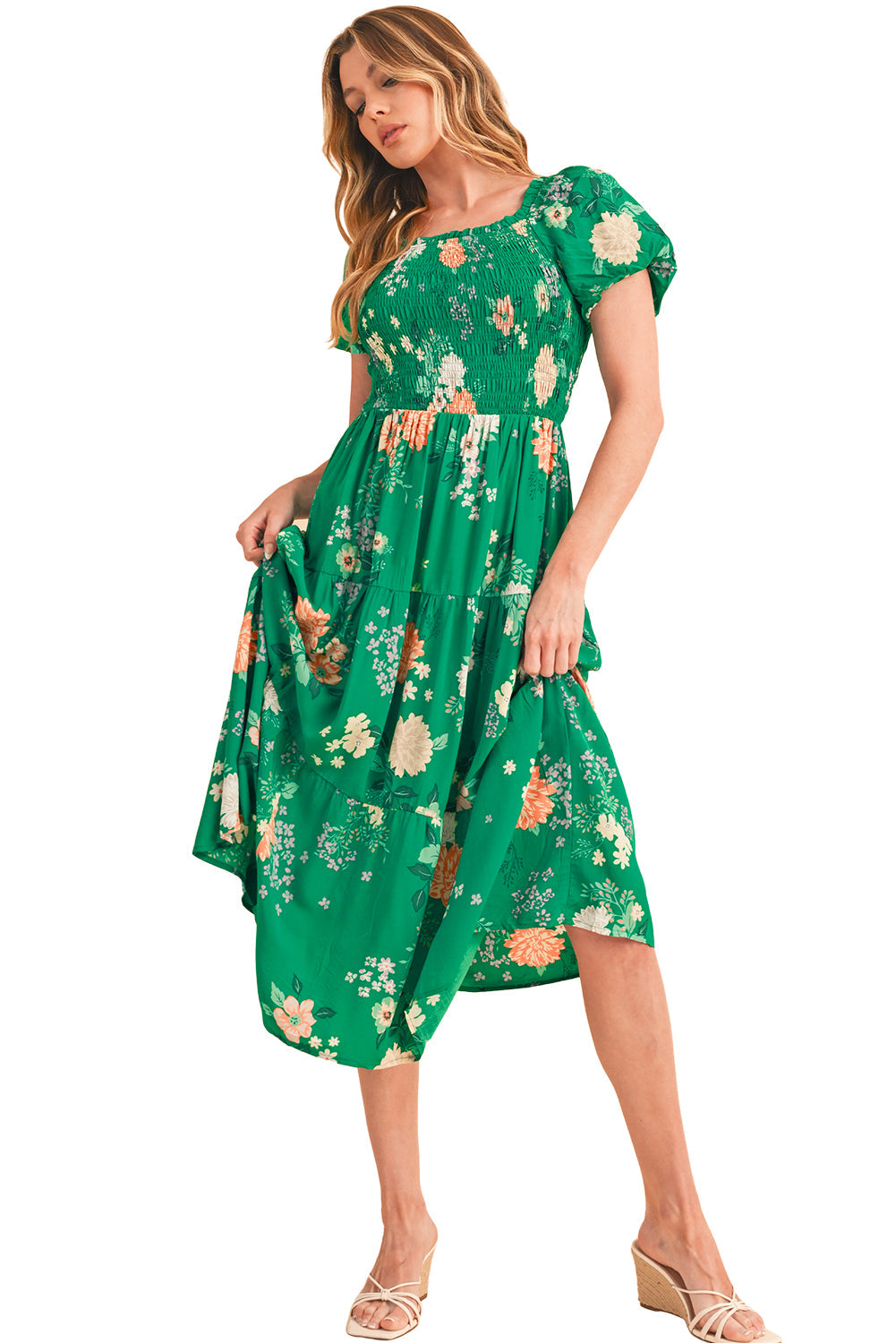 Green Floral Print Bubble Sleeve Smocked Tiered Midi Dress Shop One Place