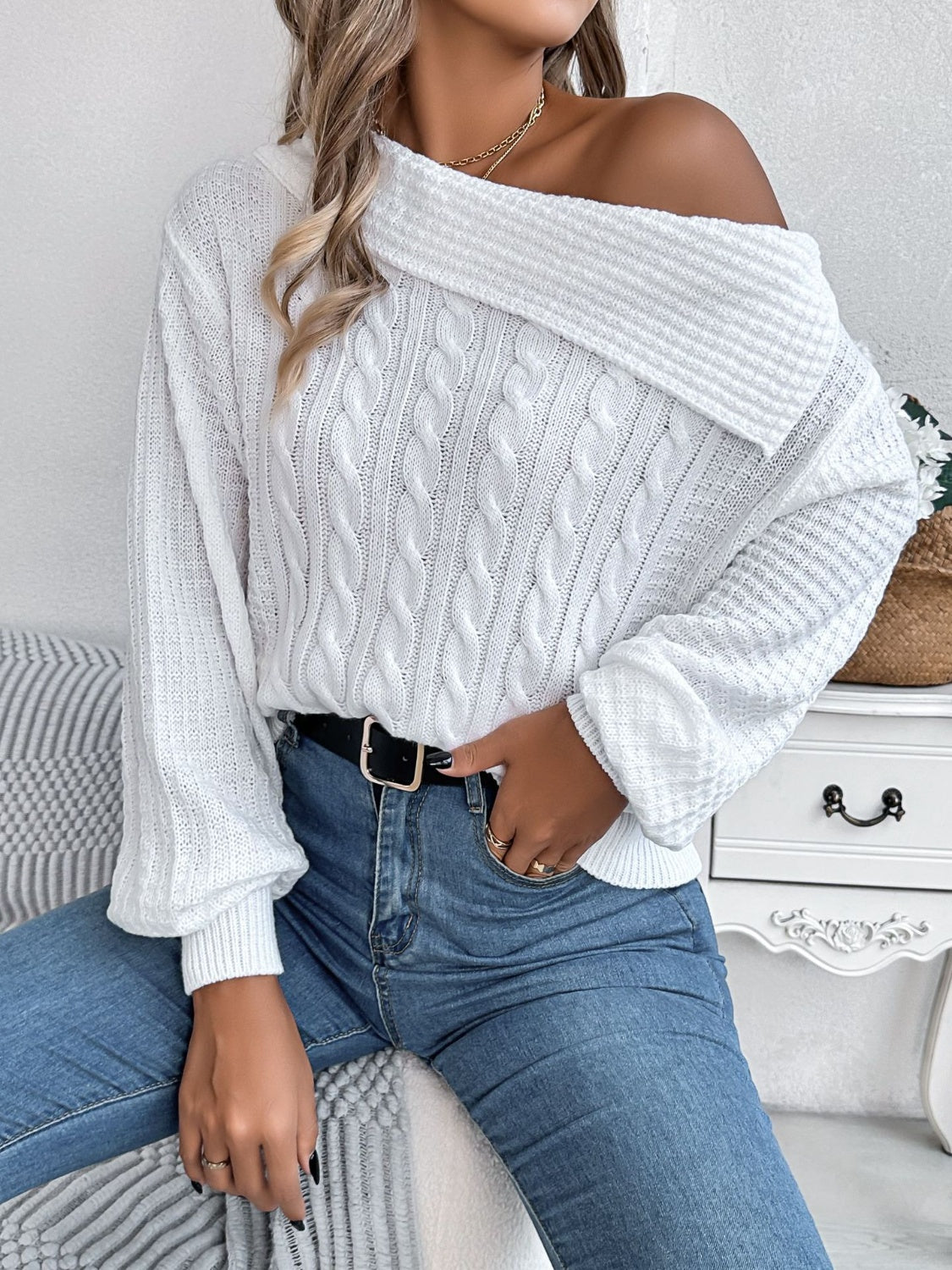 Cable-Knit One Shoulder Long Sleeve Sweater Shop One Place