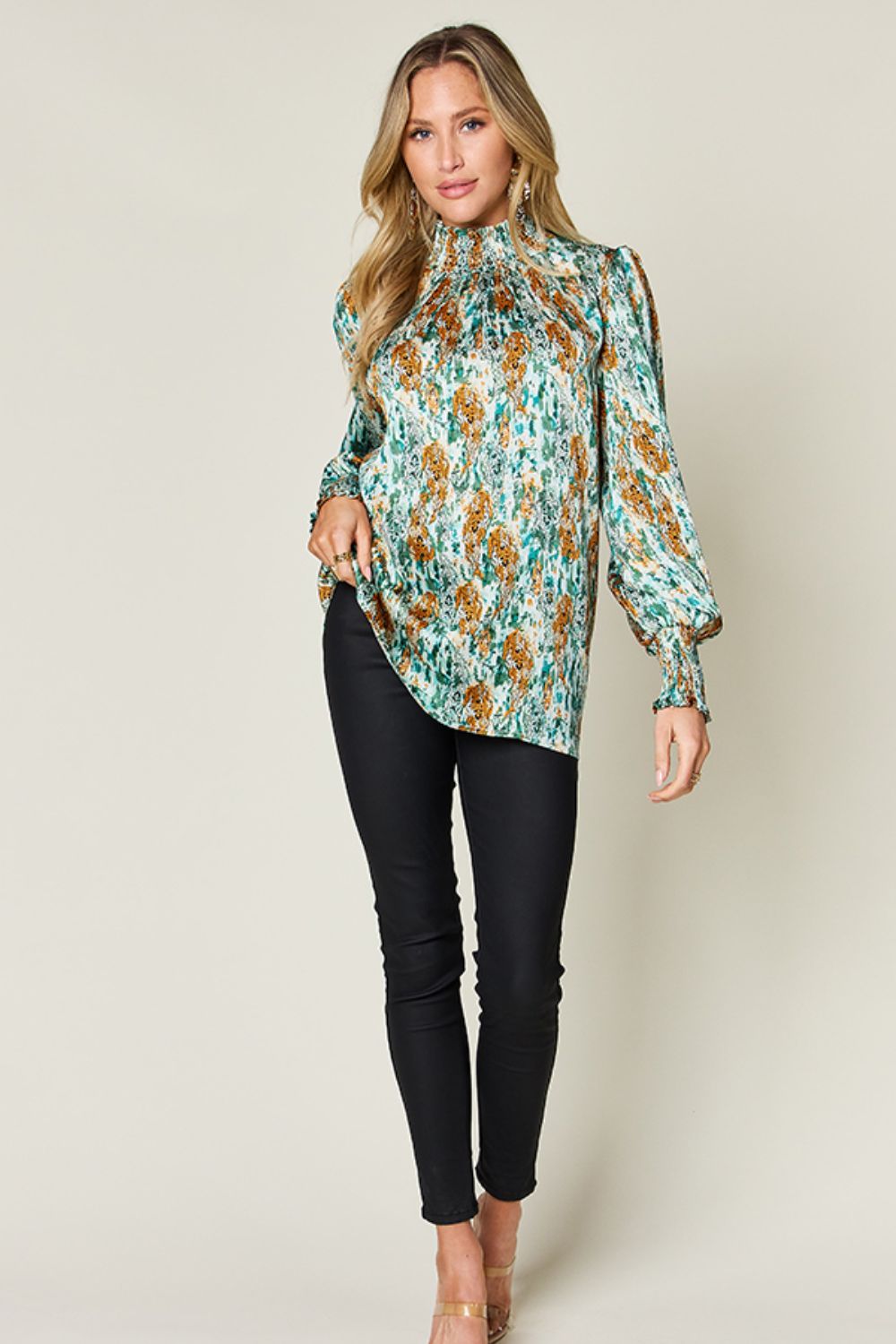 Double Take Full Size Printed Smocked Long Sleeve Blouse Shop One Place