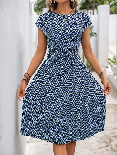 Perfee Printed Round Neck Short Sleeve Midi Dress Shop One Place