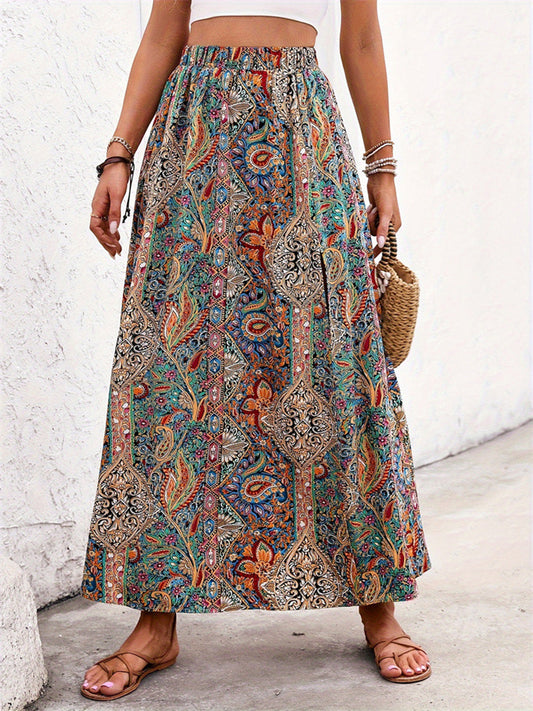 Slit Printed Elastic Waist Skirt Shop One Place