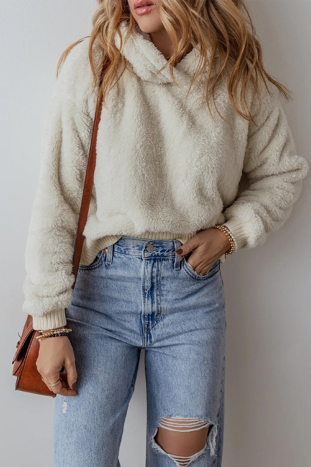 Fuzzy Dropped Shoulder Long Sleeve Hoodie Shop One Place