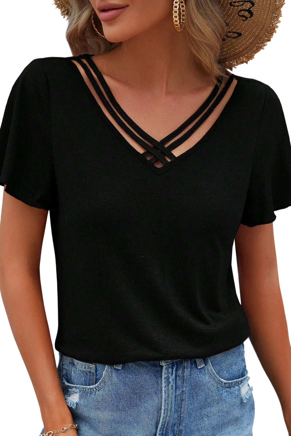 Mist Green Crisscross V Neck Flutter Sleeve T Shirt Shop One Place