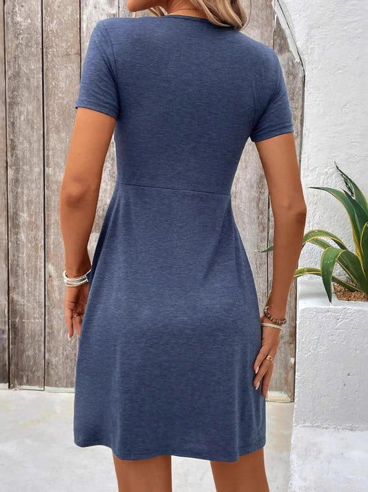 Twist Front V-Neck Short Sleeve Casual Dress Shop One Place