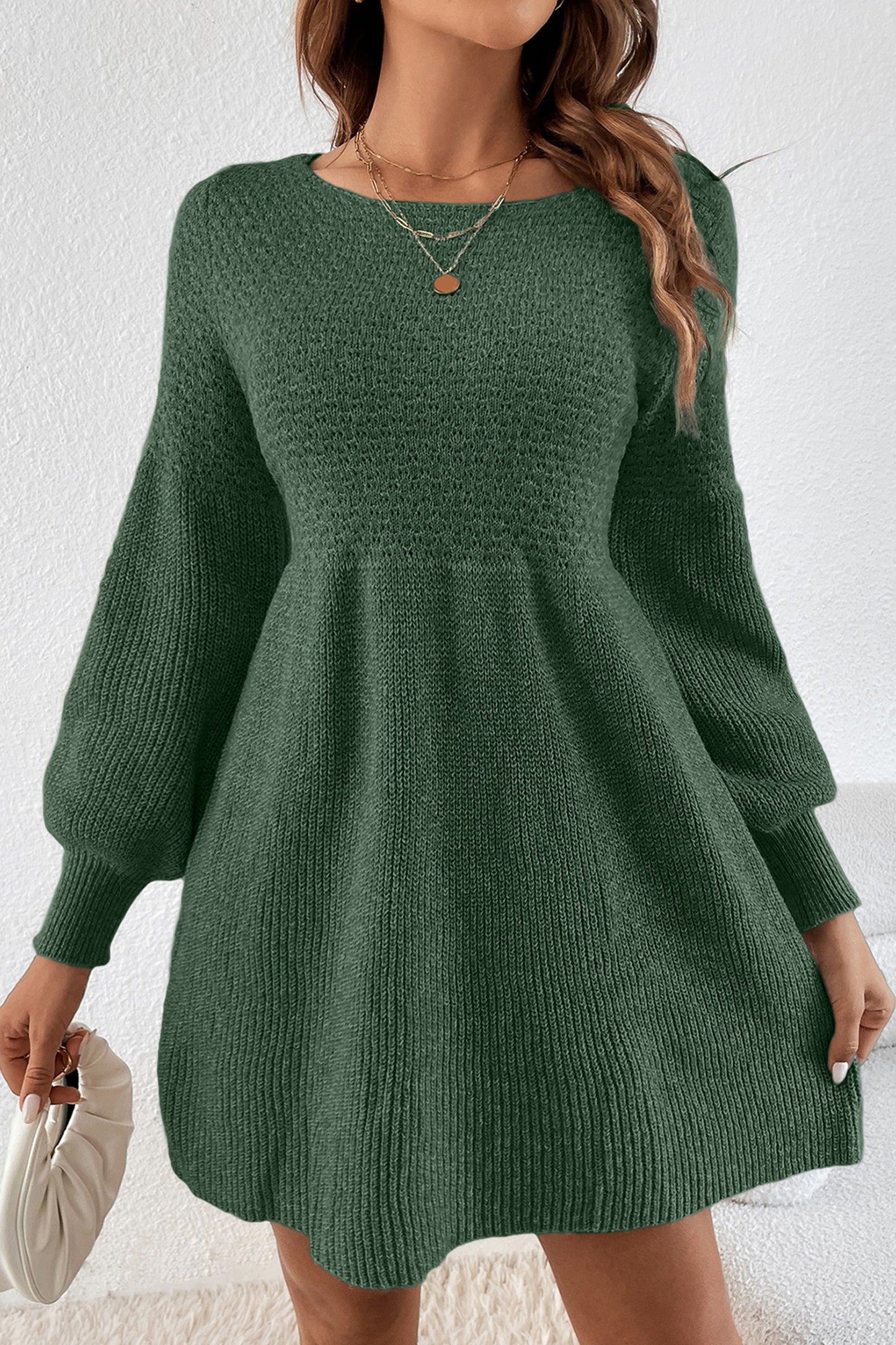 Mist Green Lantern Sleeve Sweater Dress - Cozy Empire Waist Knit Dress for Women