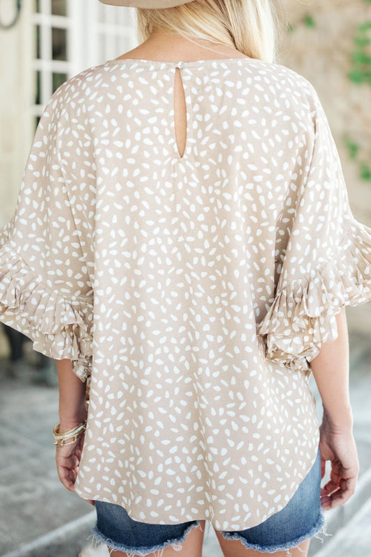 Printed Round Neck Ruffled Half Sleeve Blouse Shop One Place