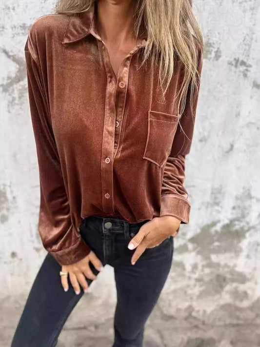 Full Size Velvet Button-Up Long Sleeve Shirt Plus Size Shop One Place