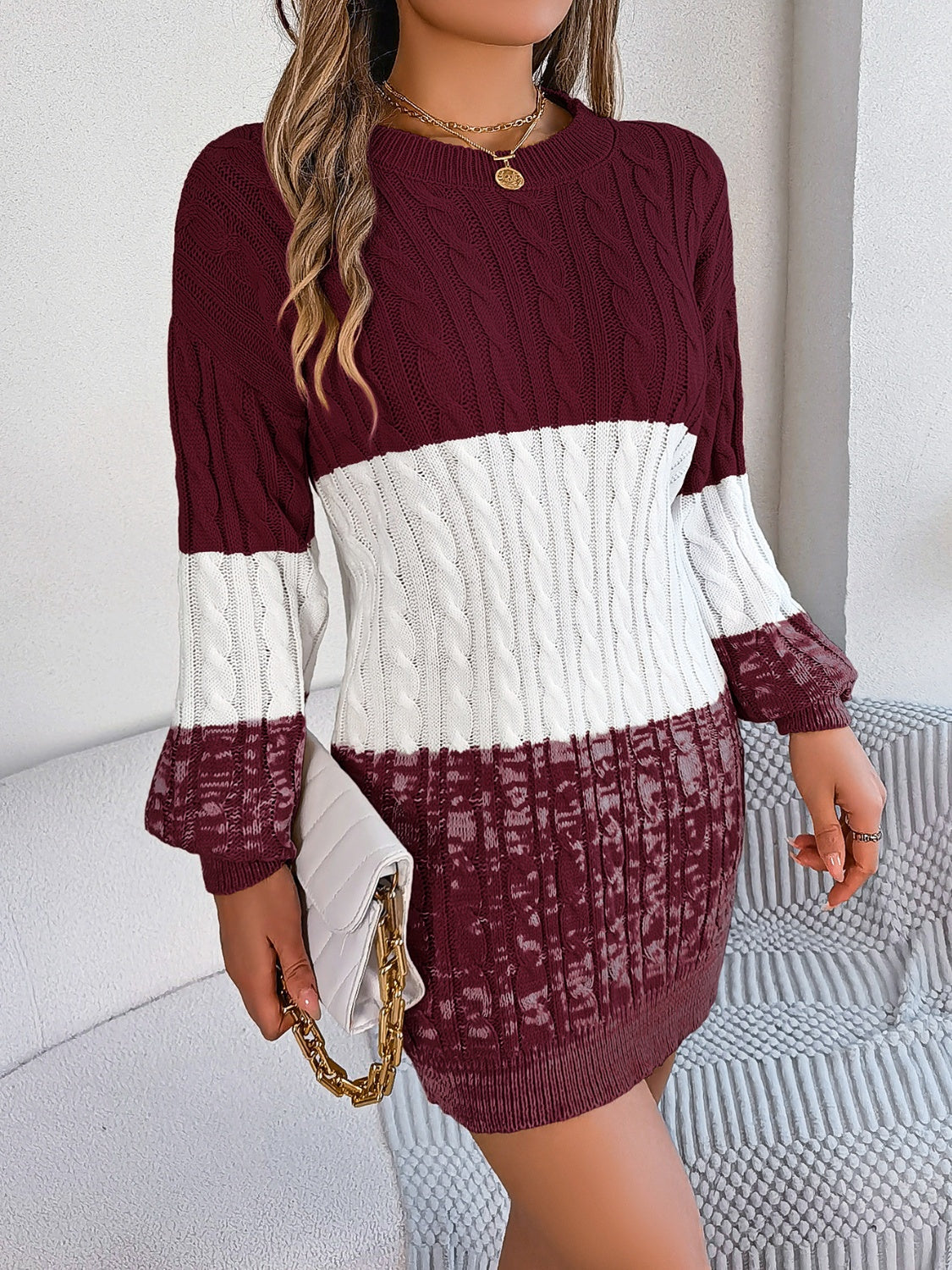 Cable-Knit Round Neck Color Block Sweater Dress Shop One Place