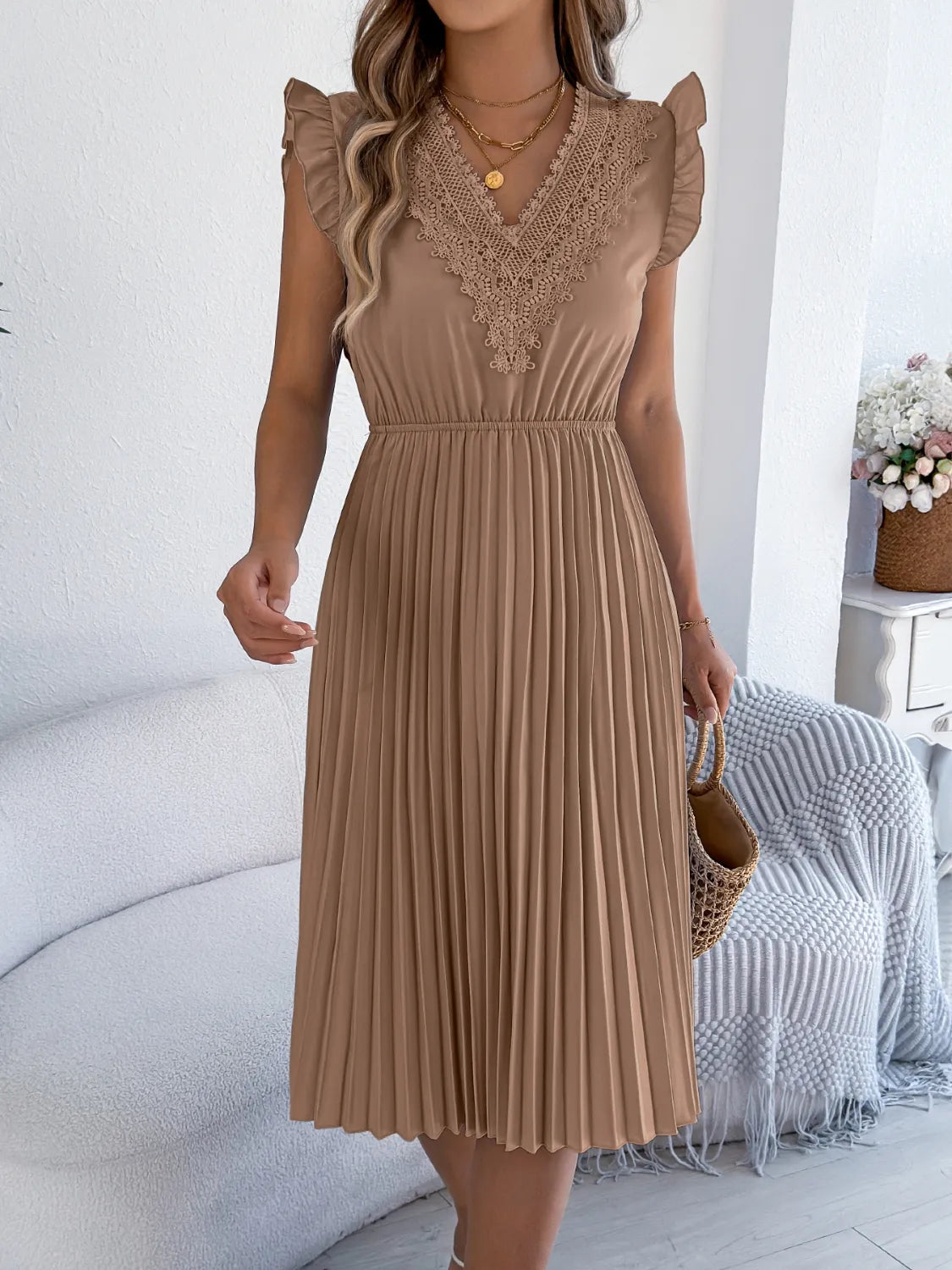 Lace Detail Ruffled Cap Sleeve Pleated Dress Shop One Place