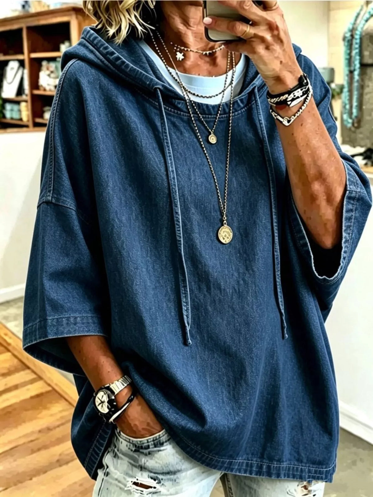 Full Size Oversized Washed Denim Hoodie Top Plus Size Shop One Place