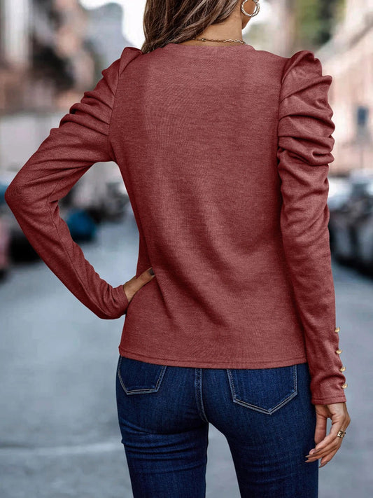 Decorative Button Puff Sleeve T-Shirt Shop One Place