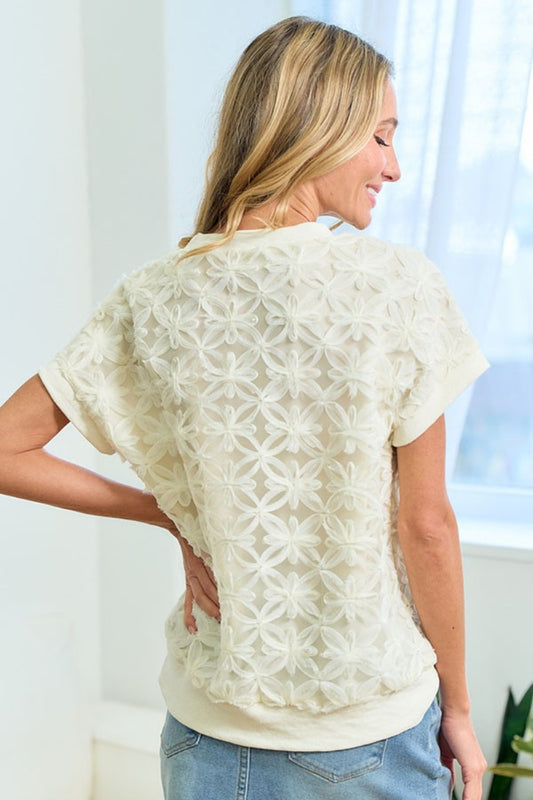 First Love 3D Mesh Flower Round Neck Short Sleeve Top Shop One Place