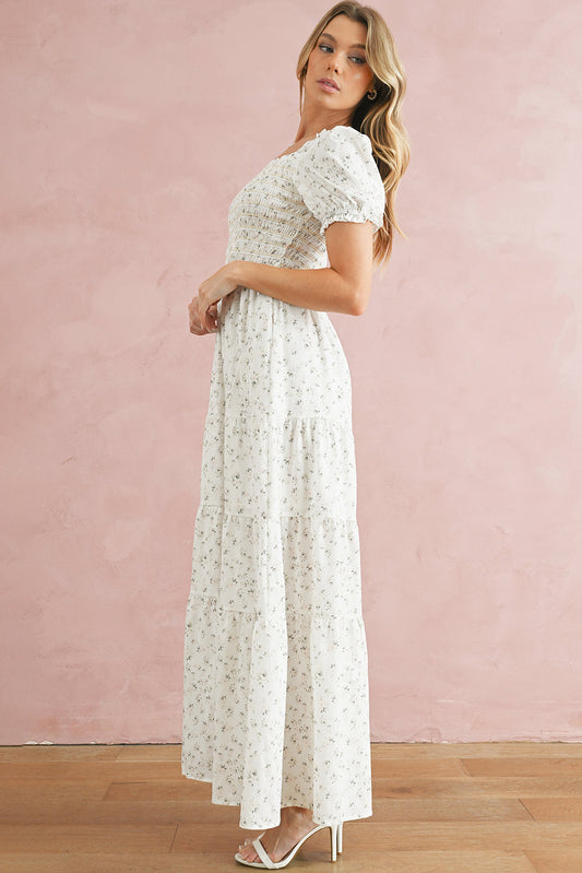 White Frill Neckline Shirred Bodice Floral Maxi Dress Shop One Place