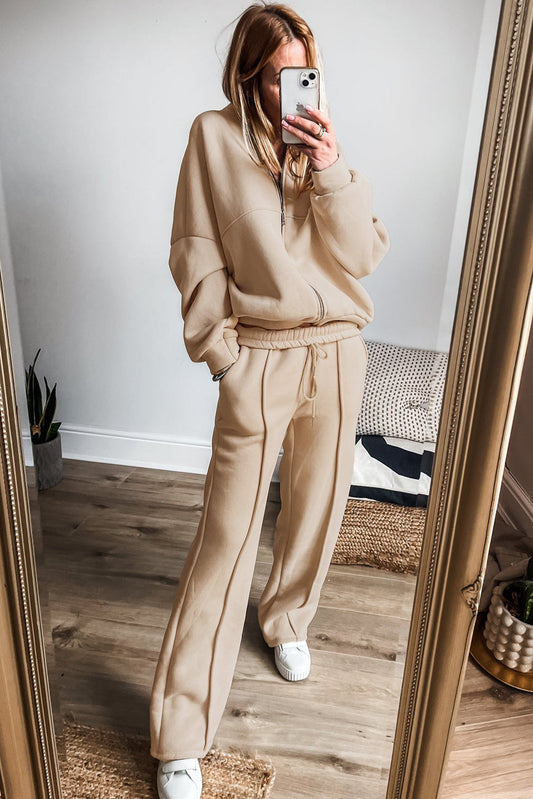 Apricot Seamed Zipper Jacket and Drawstring Waist Pants Set Shop One Place