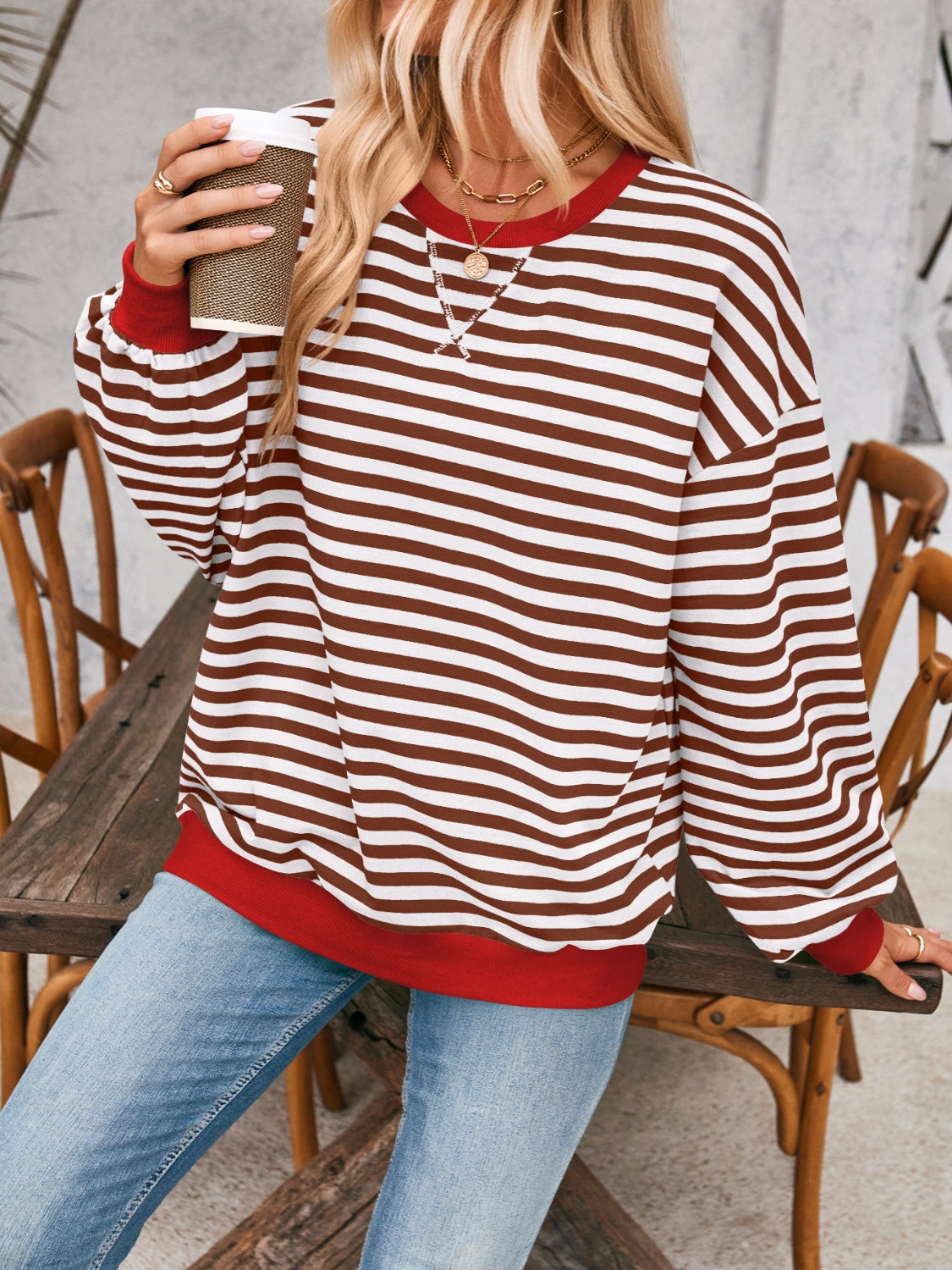 Lovelet Contrast Striped Long Sleeve Sweatshirt Shop One Place