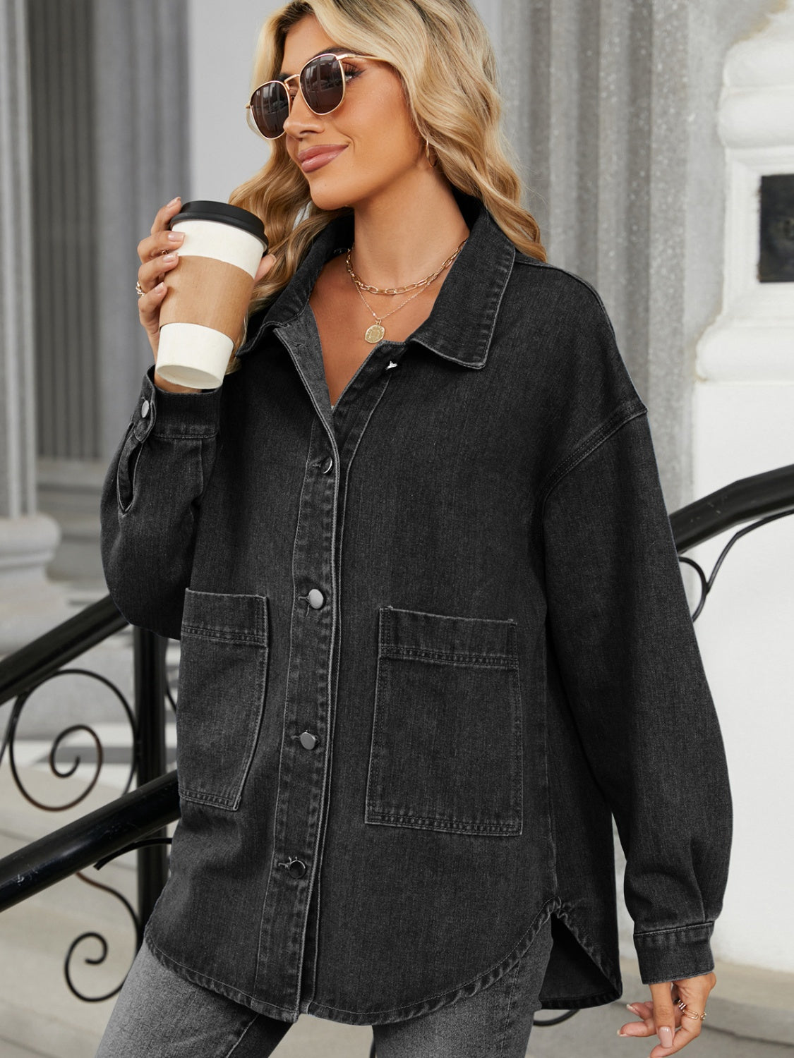 Removable Hood Button Up Long Sleeve Denim Jacket Shop One Place