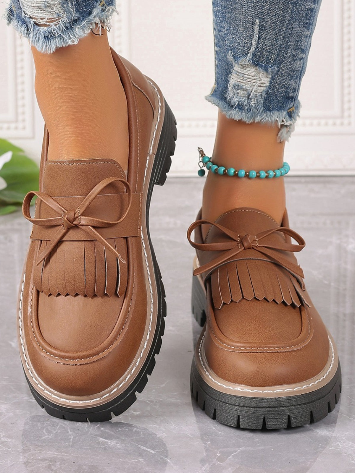 PU Leather Bow Platform Loafers Shop One Place