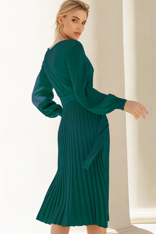 Round Neck Long Sleeve Pleated Sweater Dress Shop One Place