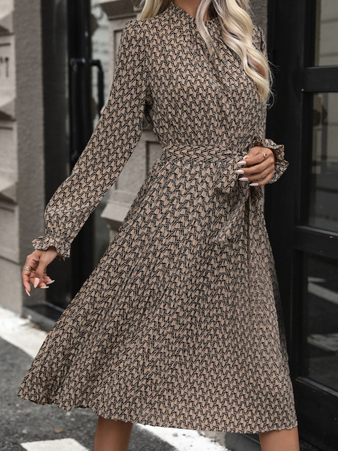 Perfee Printed Mock Neck Flounce Sleeve Dress Shop One Place