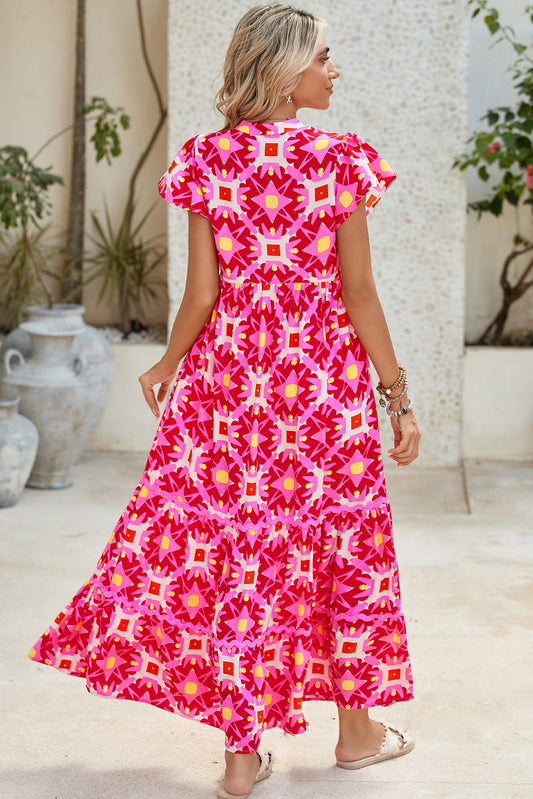 Strawberry Pink Abstract Print Pleated Flounce Sleeve Maxi Dress Shop One Place