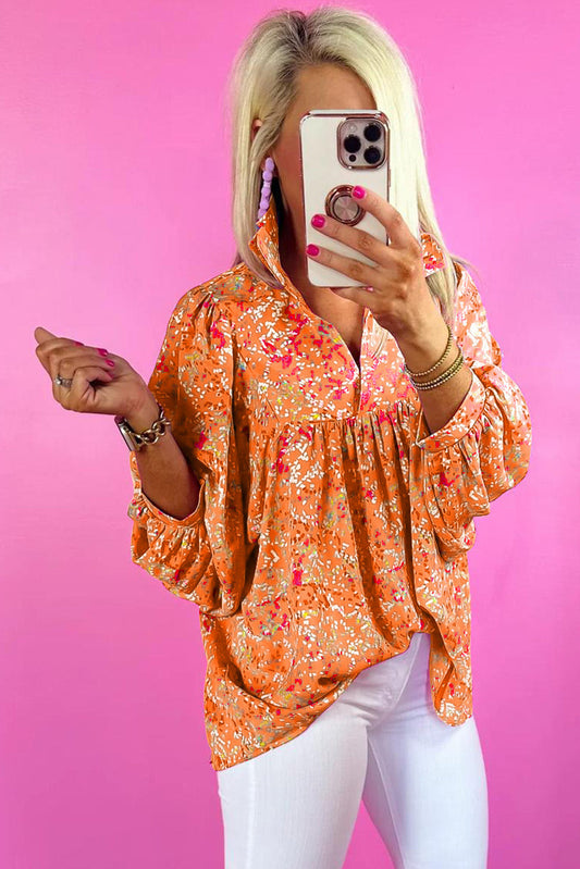 Bonbon Abstract Print Loose Fit Collared V Neck Babydoll Blouse Shop One Place