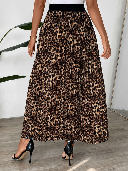 Perfee Pleated Leopard Maxi Skirt Shop One Place