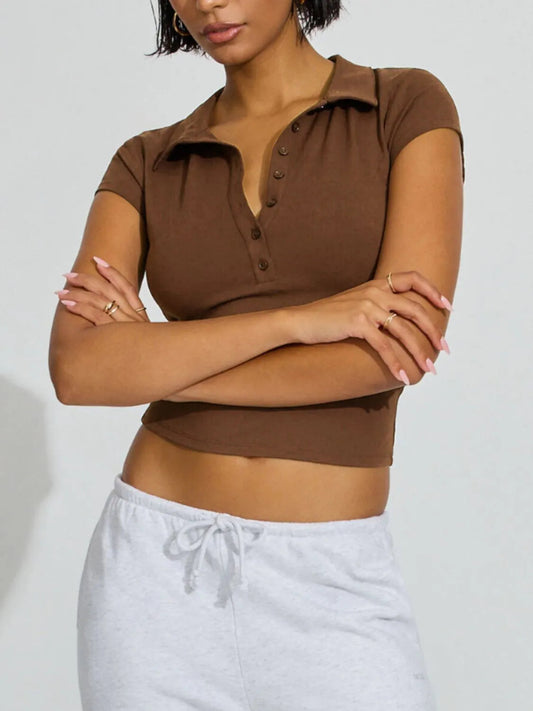 Collared Neck Short Sleeve Top Shop One Place