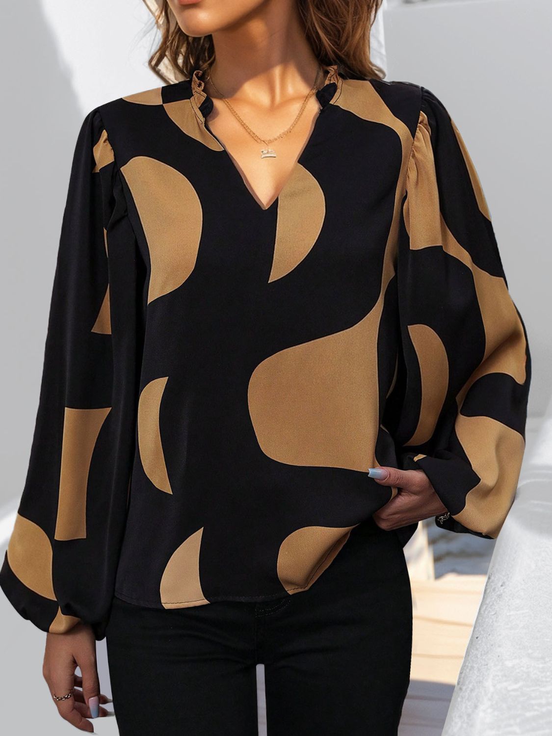 Frill Notched Long Sleeve Blouse Shop One Place