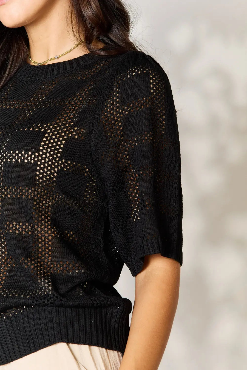 Mandy Ribbed Trim Round Neck Knit Top Shop One Place