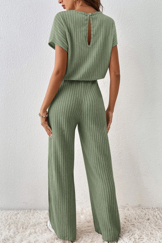 Grass Green Solid Color Ribbed Short Sleeve Wide Leg Jumpsuit Shop One Place