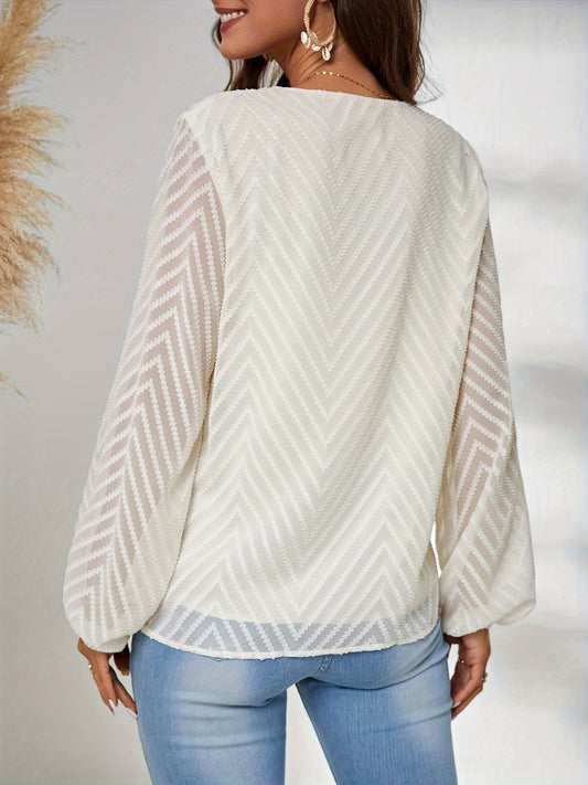 Textured V-Neck Balloon Sleeve Blouse Shop One Place