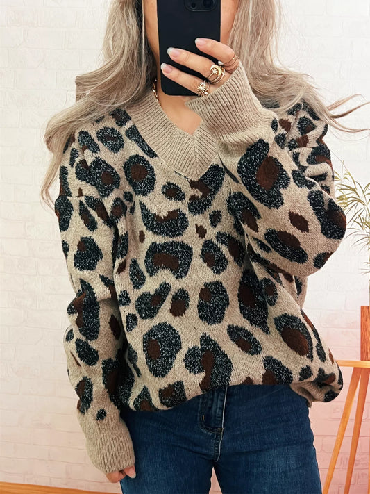 Leopard V-Neck Drop Shoulder Sweater Shop One Place