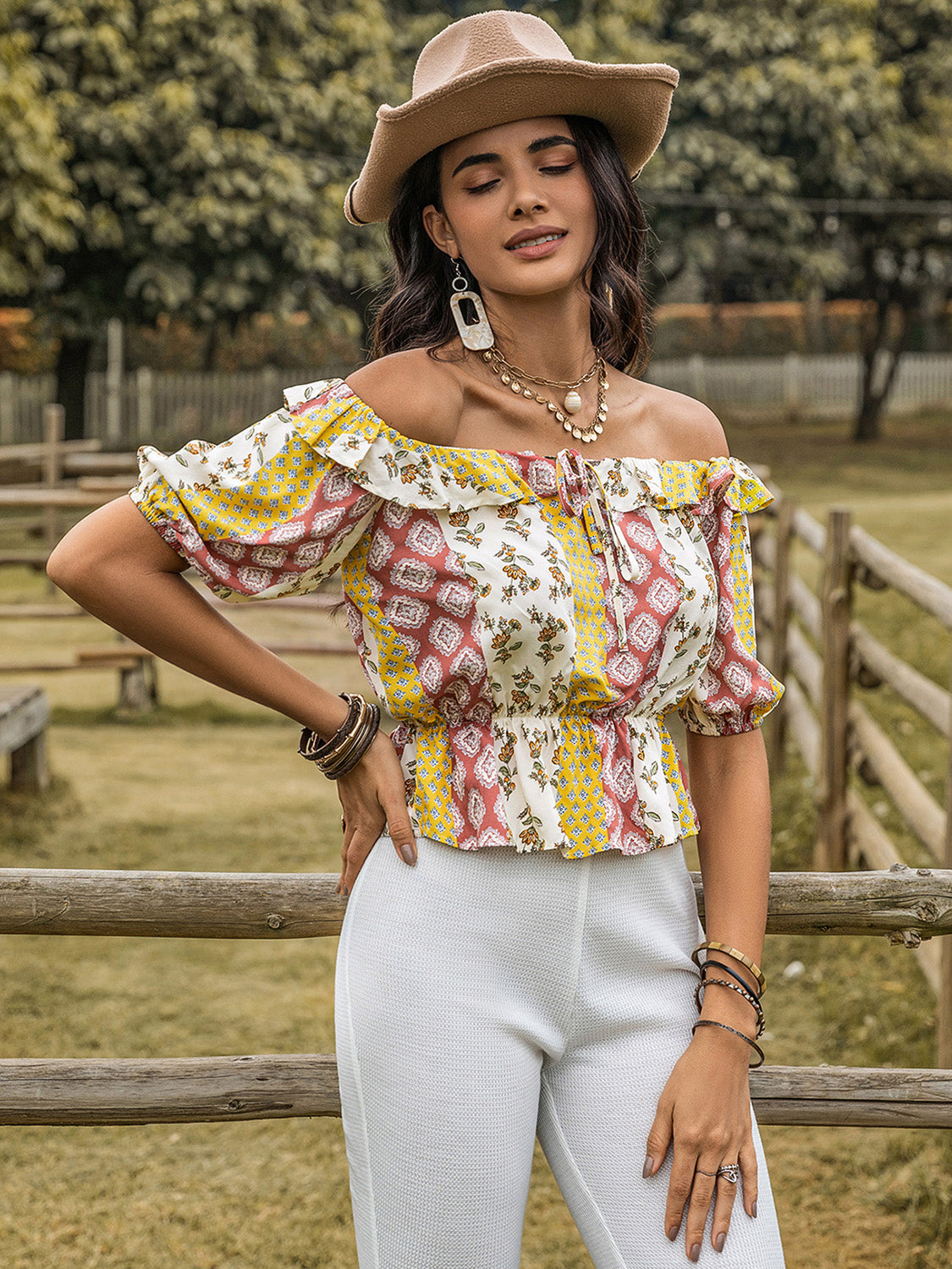 Ruffled Printed Off-Shoulder Short Sleeve Blouse Shop One Place