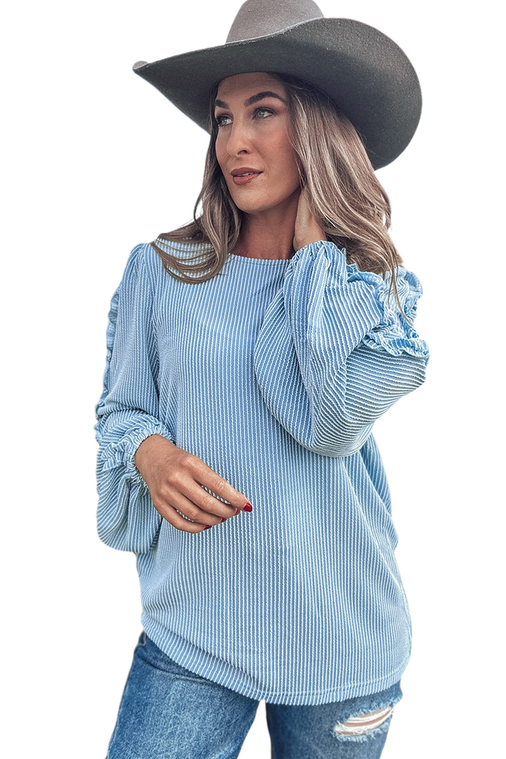 Mist Blue Corded Frill Detail Puff Sleeve Top Shop One Place