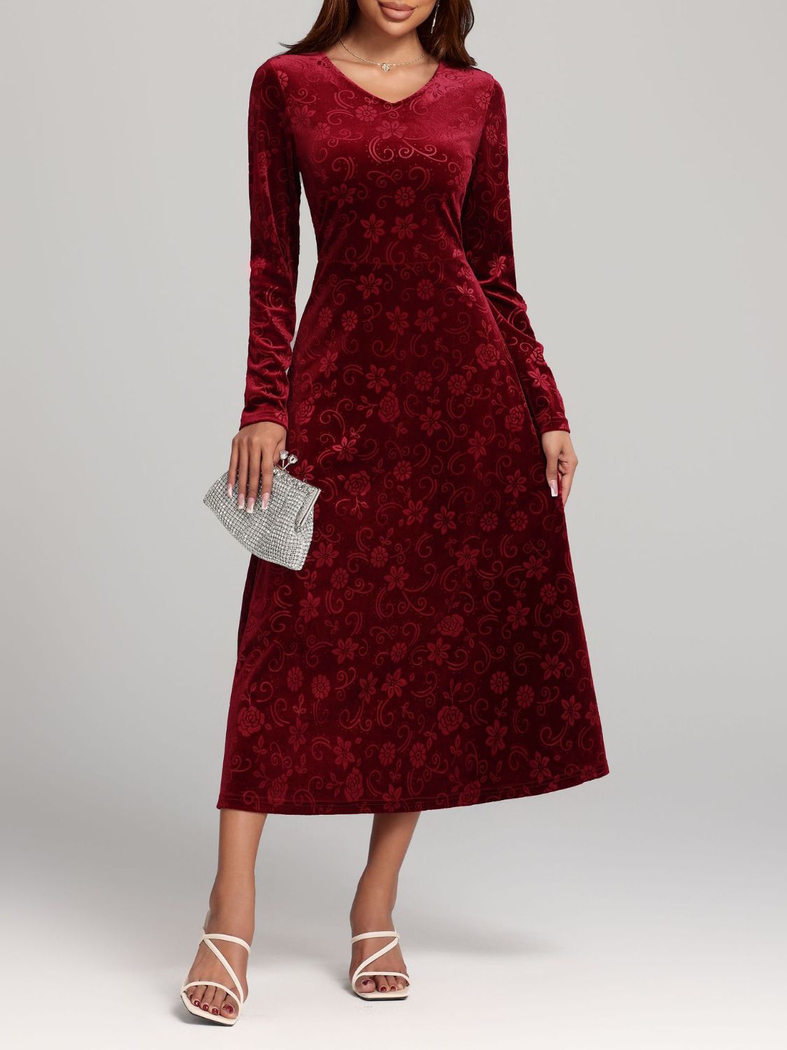 Flower Print V-Neck Long Sleeve Midi Dress Shop One Place