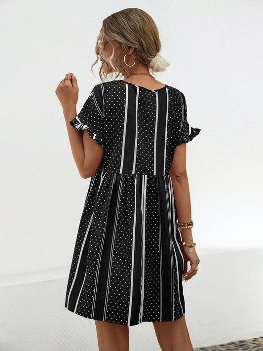 Striped Polka Dot Frill Short Sleeve Mini Dress Shop One Place