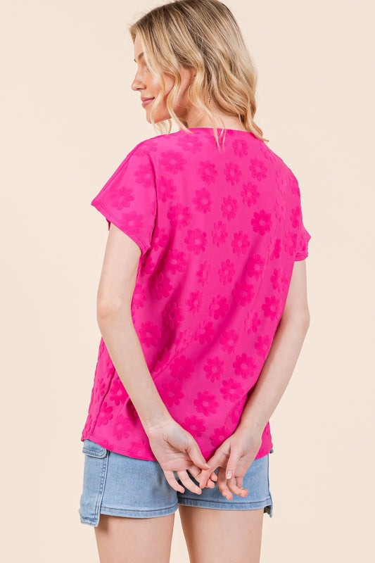 BOMBOM Textured Floral Pattern Short Sleeve T-Shirt Shop One Place